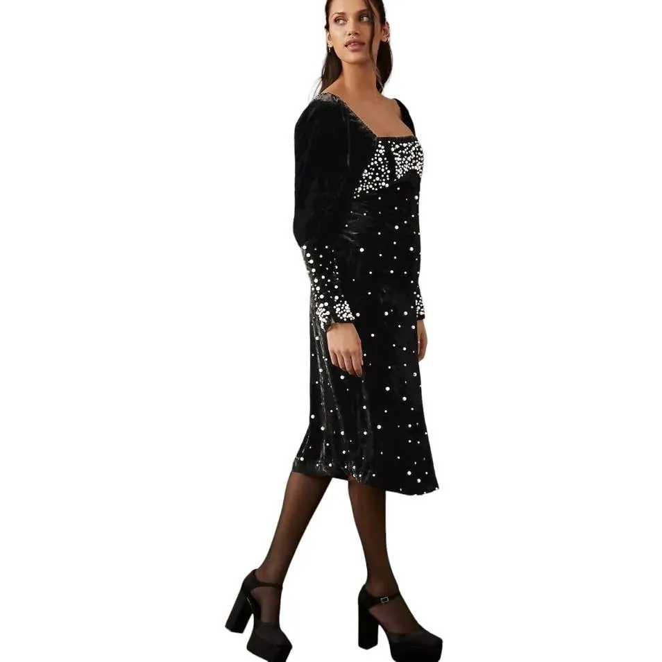 Anthropologie Maeve Embellished Pearl Velvet Dress Size XL New
