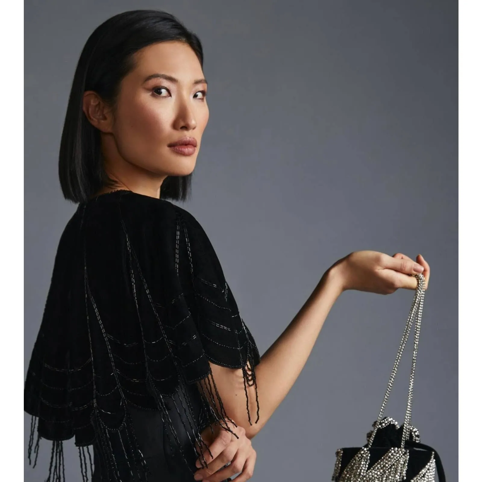 Anthropologie Velvet Beaded Capelet Cape One Size Black New