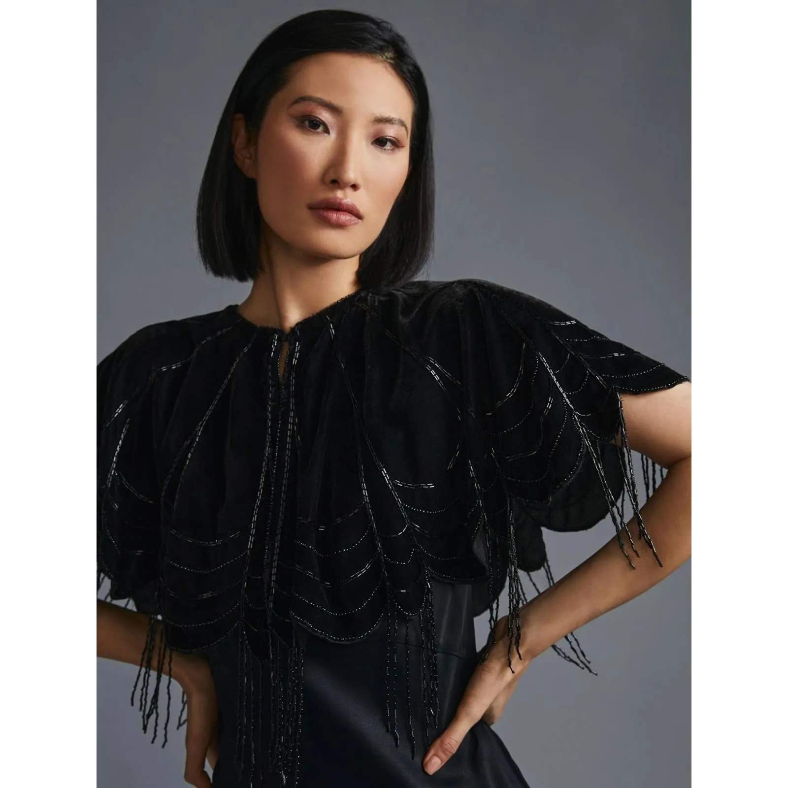 Anthropologie Velvet Beaded Capelet Cape One Size Black New