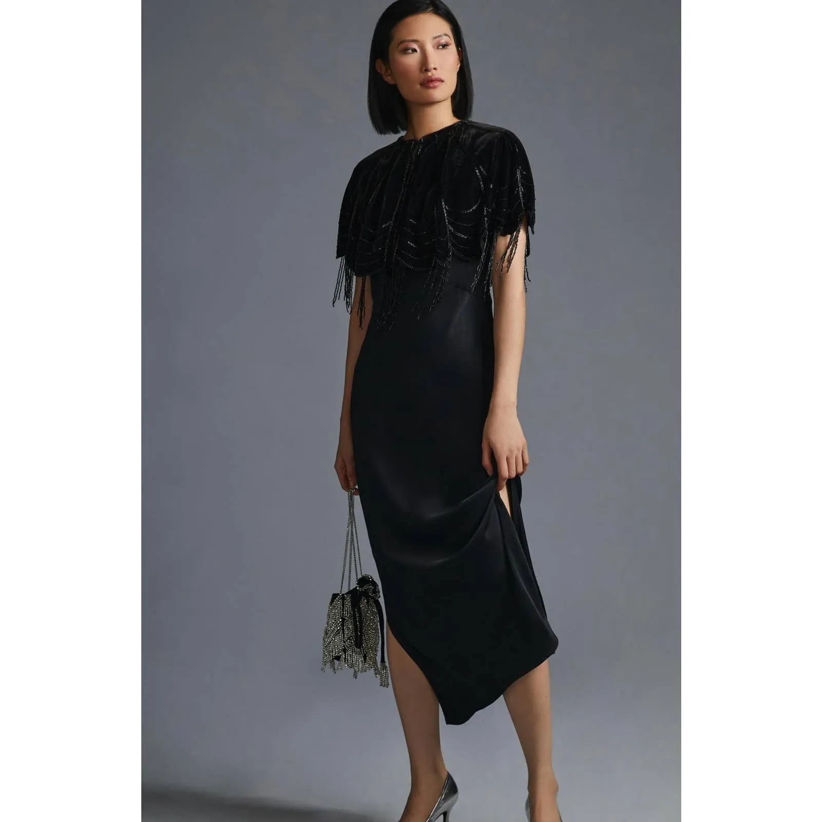 Anthropologie Velvet Beaded Capelet Cape One Size Black New