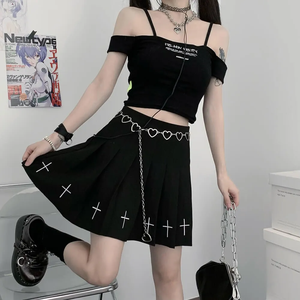 Black Cross Embroidery Pleated Skirt