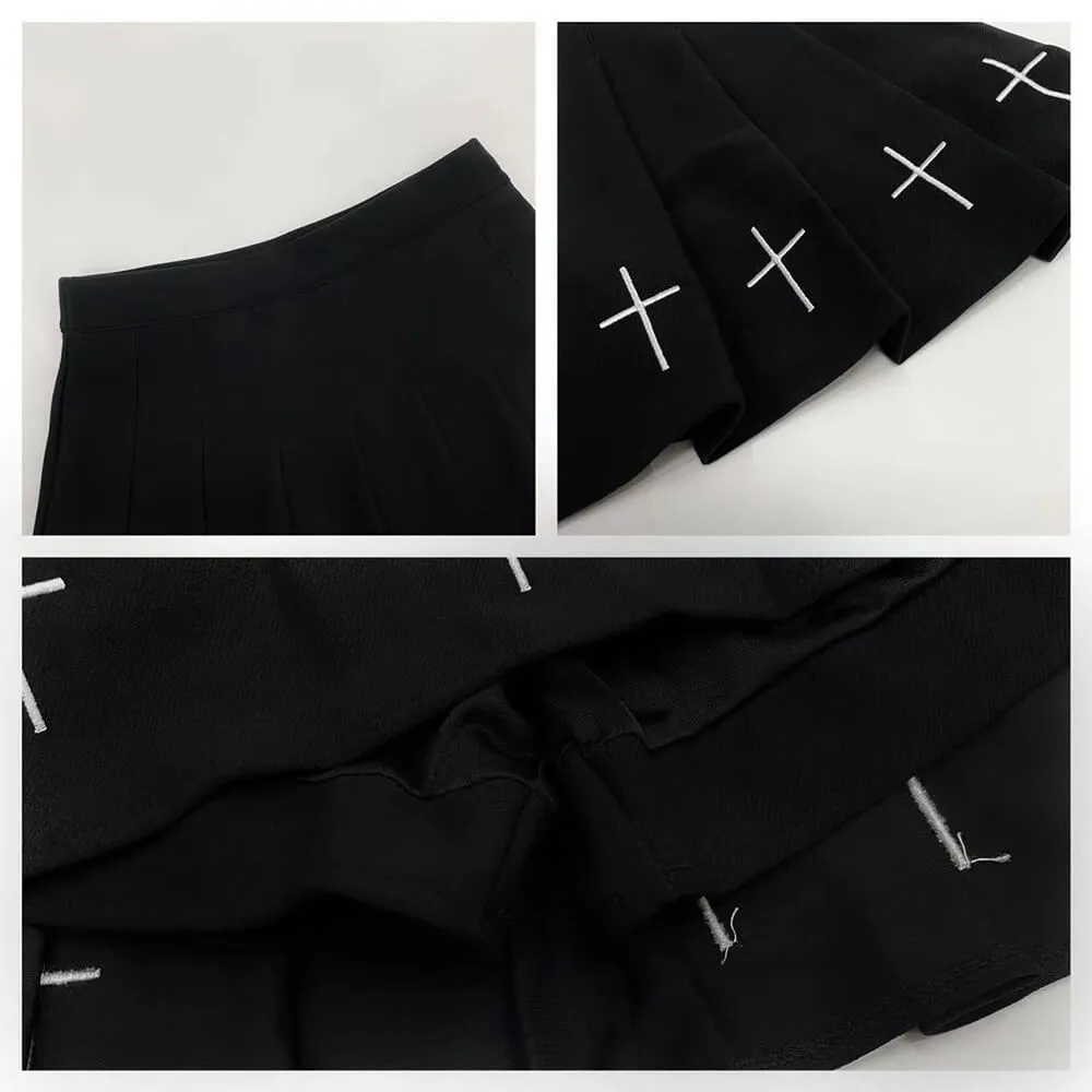Black Cross Embroidery Pleated Skirt