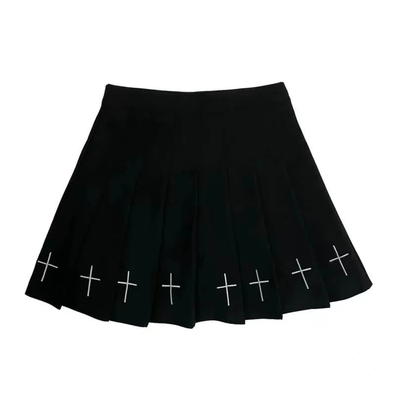 Black Cross Embroidery Pleated Skirt