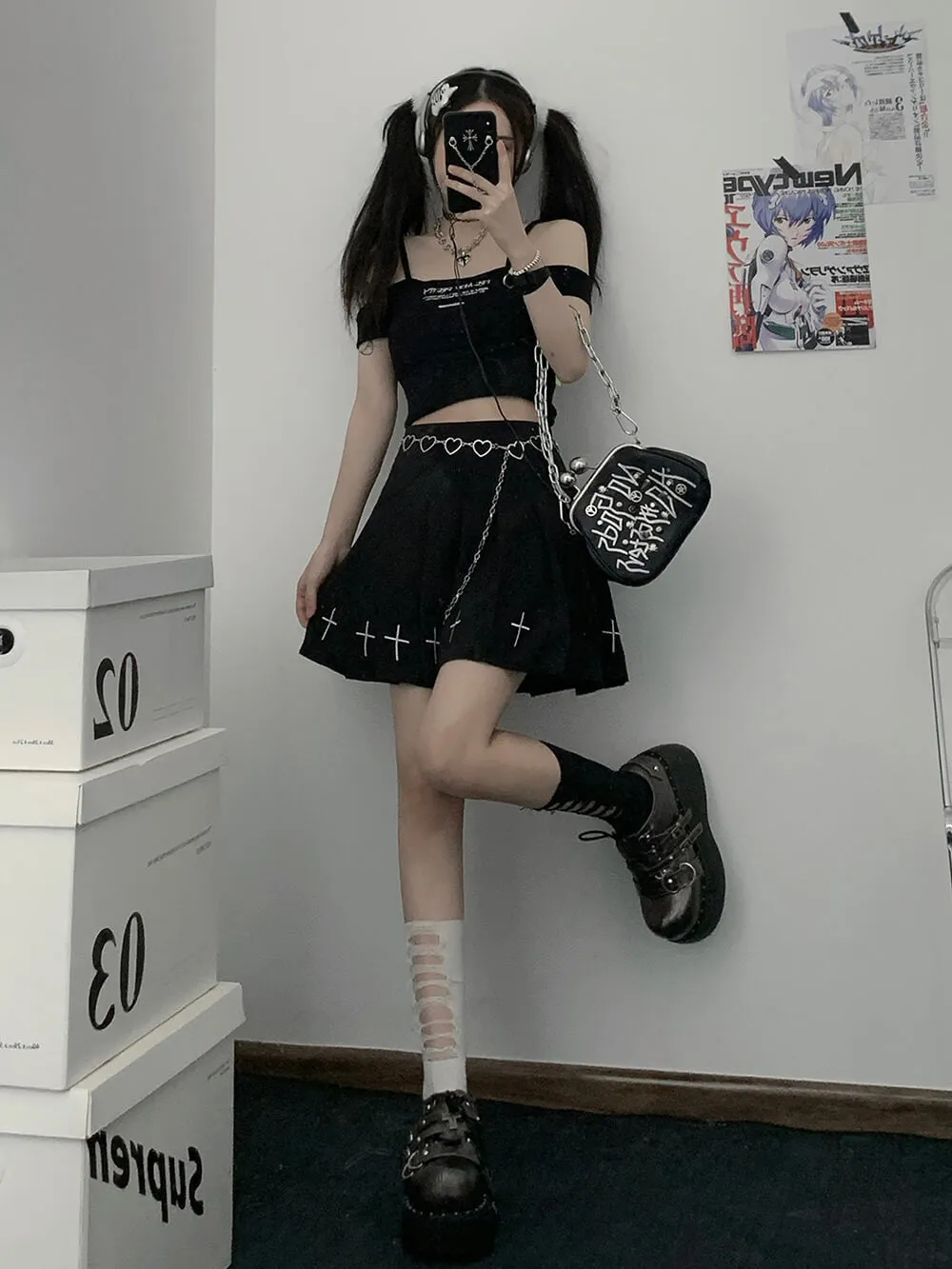 Black Cross Embroidery Pleated Skirt
