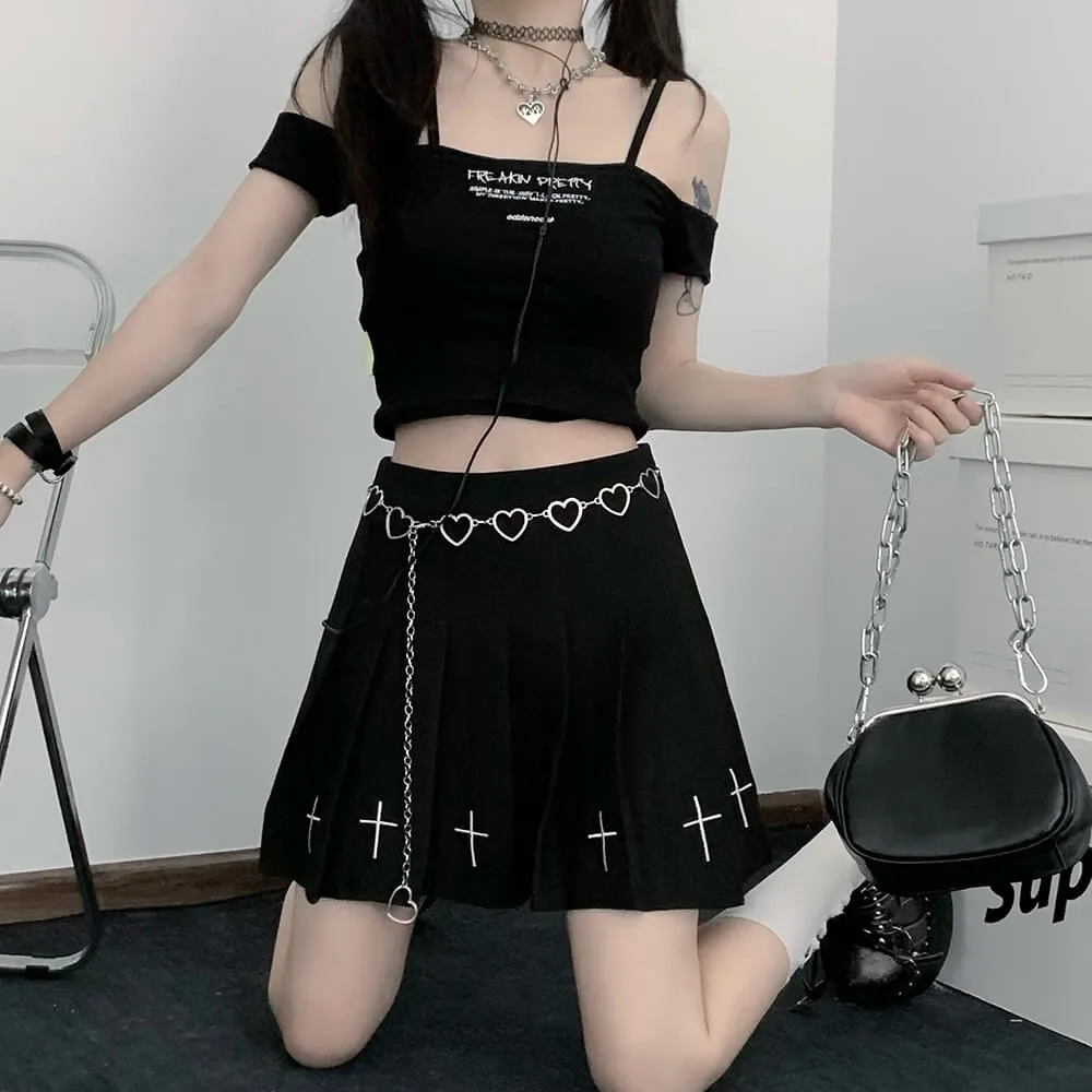 Black Cross Embroidery Pleated Skirt