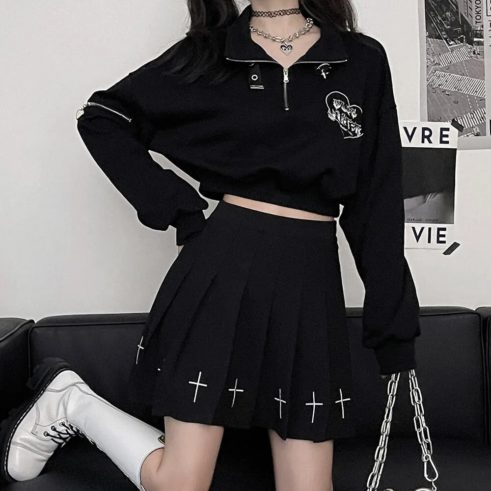 Black Cross Embroidery Pleated Skirt