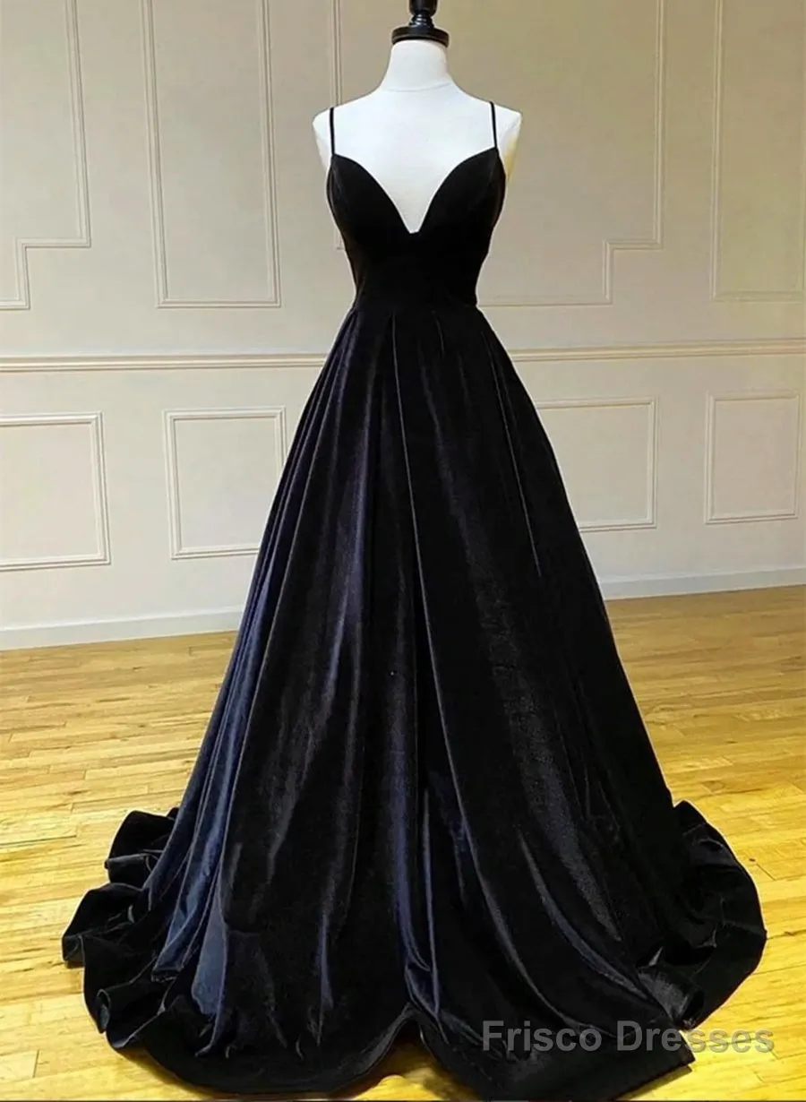 Black Velvet Straps V-Neckline Long Party Dress, A-Line Velvet Prom Dress