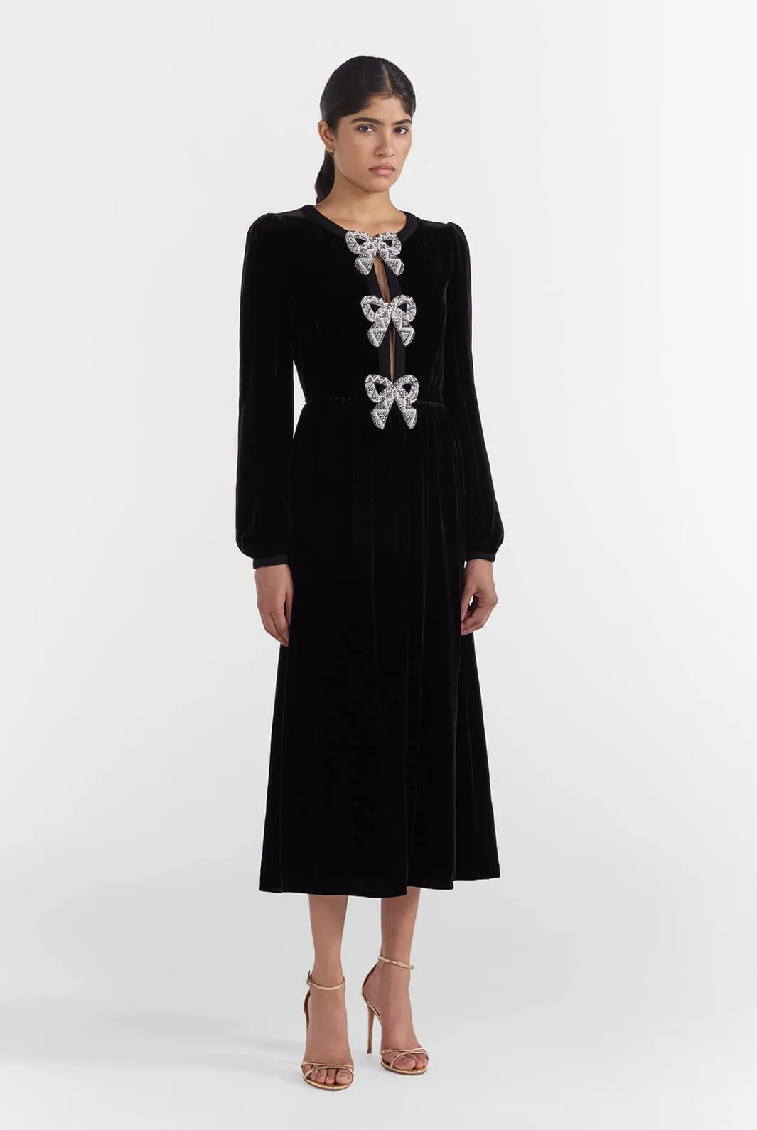 Camille Velvet Embellished Bows Dress in Black