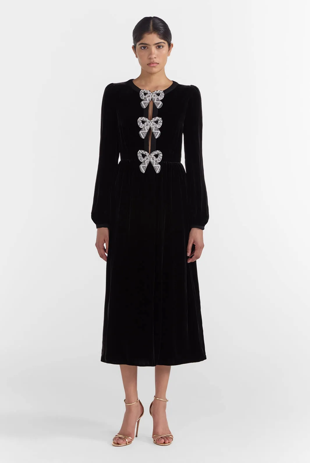 Camille Velvet Embellished Bows Dress in Black