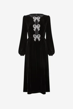 Camille Velvet Embellished Bows Dress in Black