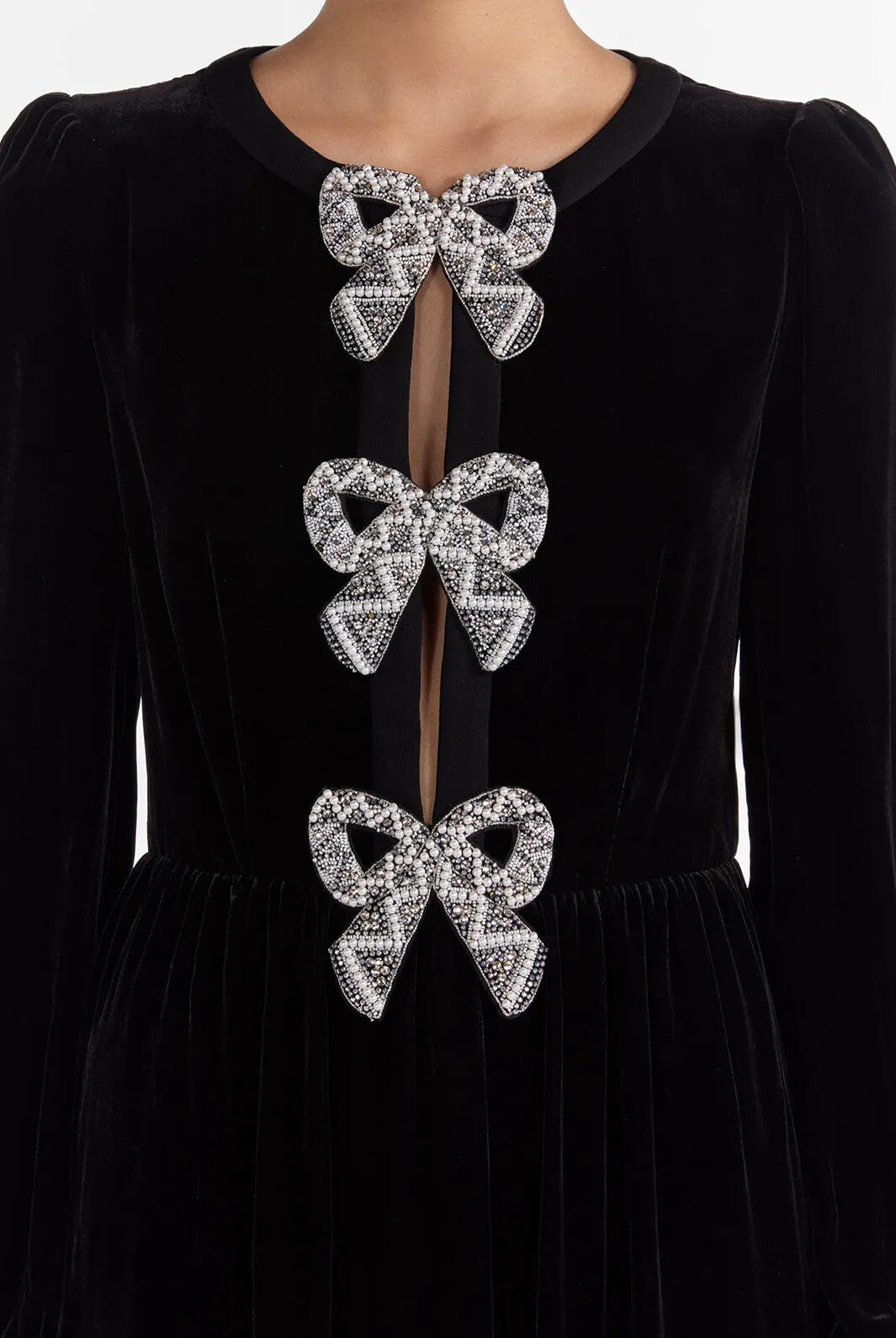 Camille Velvet Embellished Bows Dress in Black