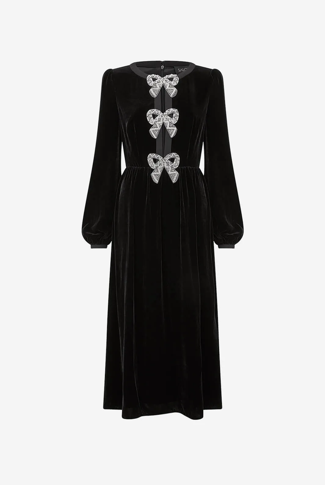 Camille Velvet Embellished Bows Dress in Black