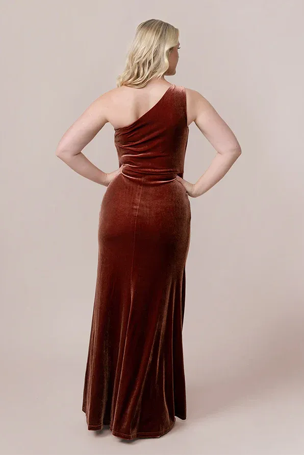 Fashionable and Beautiful Single shoulder Velvet dress Velvet Bridesmaid Dress with split