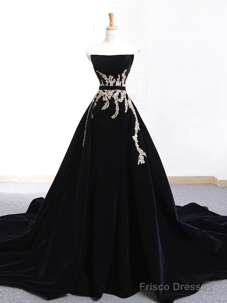 Glam Black Velvet Long Formal Gown With Gold Lace, Black Velvet Prom Dress Evening Dress