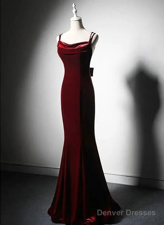 Lovely Low Back Velvet Mermaid Long Prom Dress, Velvet Wedding Party Dress