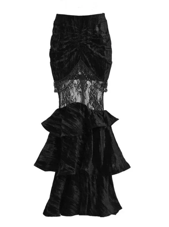 Mermaid Dutchess Gothic Hugging Hip Sheer Velvet Lace Skirt