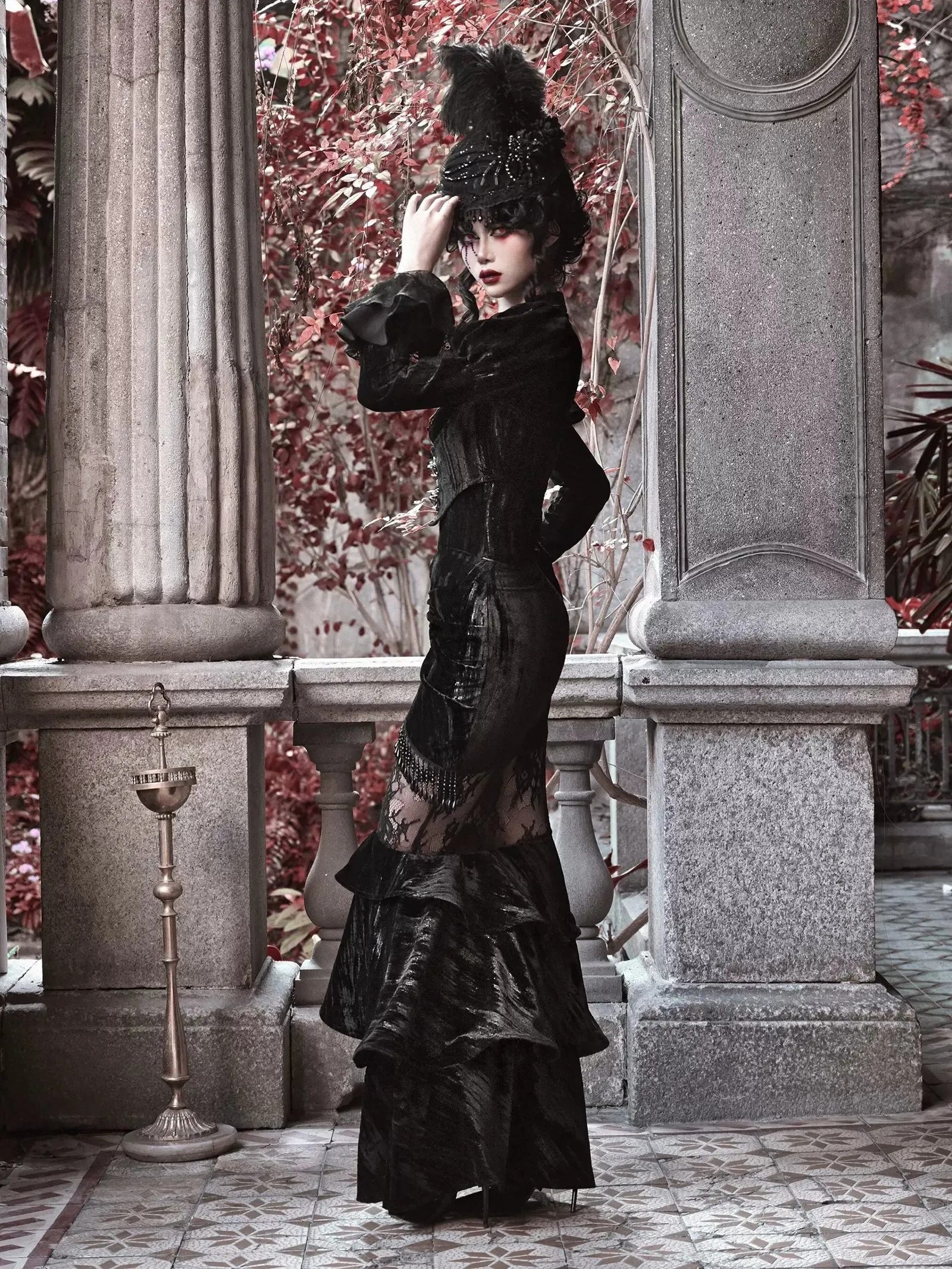 Mermaid Dutchess Gothic Hugging Hip Sheer Velvet Lace Skirt