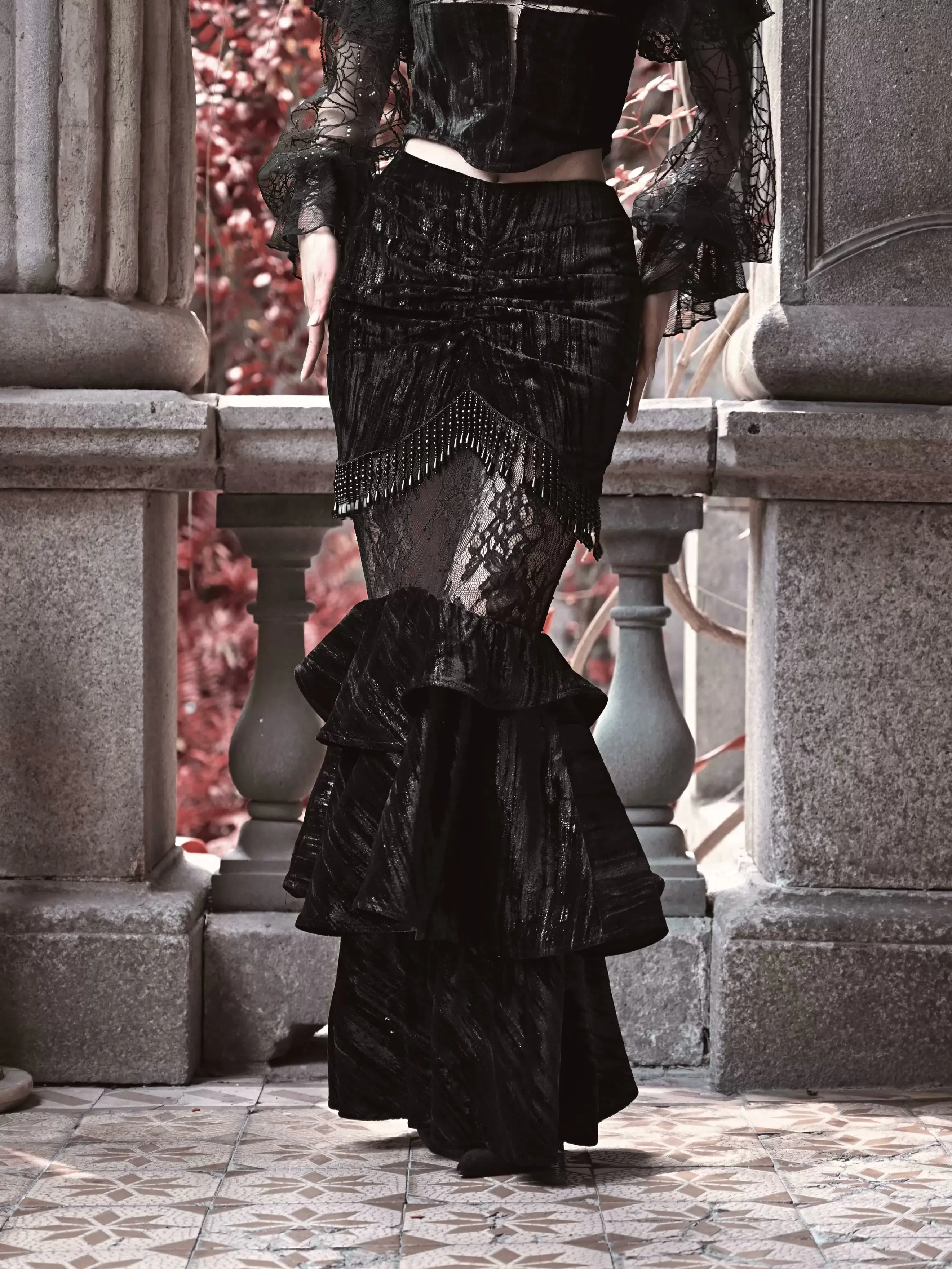 Mermaid Dutchess Gothic Hugging Hip Sheer Velvet Lace Skirt