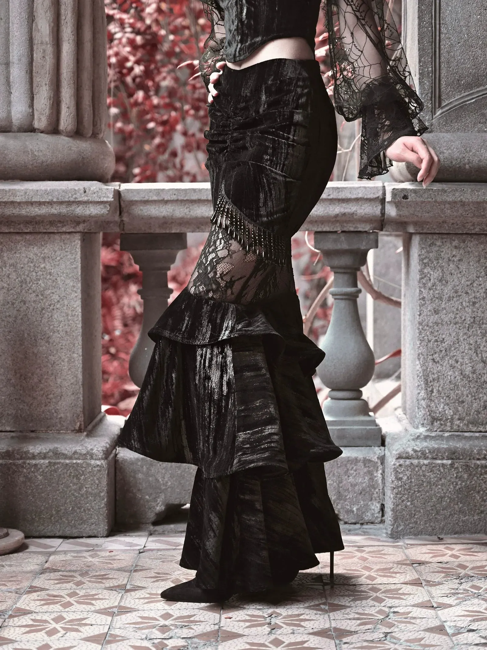 Mermaid Dutchess Gothic Hugging Hip Sheer Velvet Lace Skirt