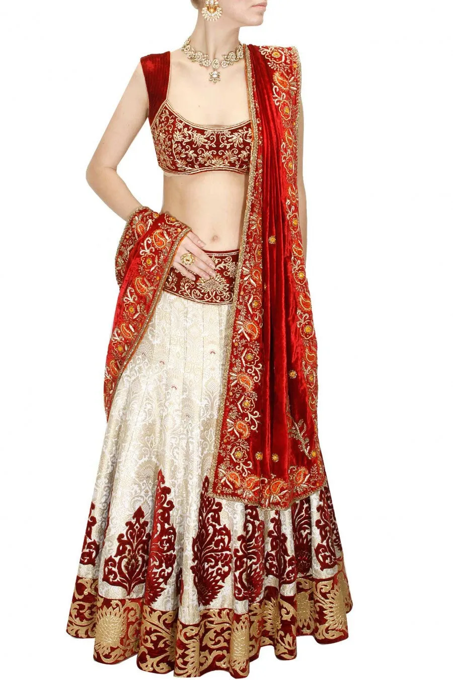 OffWhite and Maroon Lehenga Choli