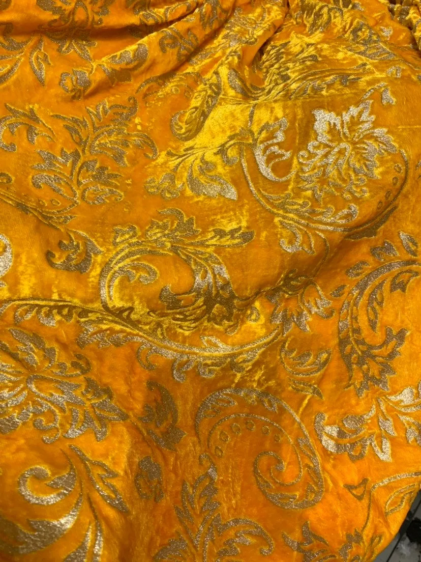 Velvet woth gold embossed damask syle design 45&quot; wide   Beautiful yellow gold color fancy velvet sold bubthe yard   best theatrical costumes