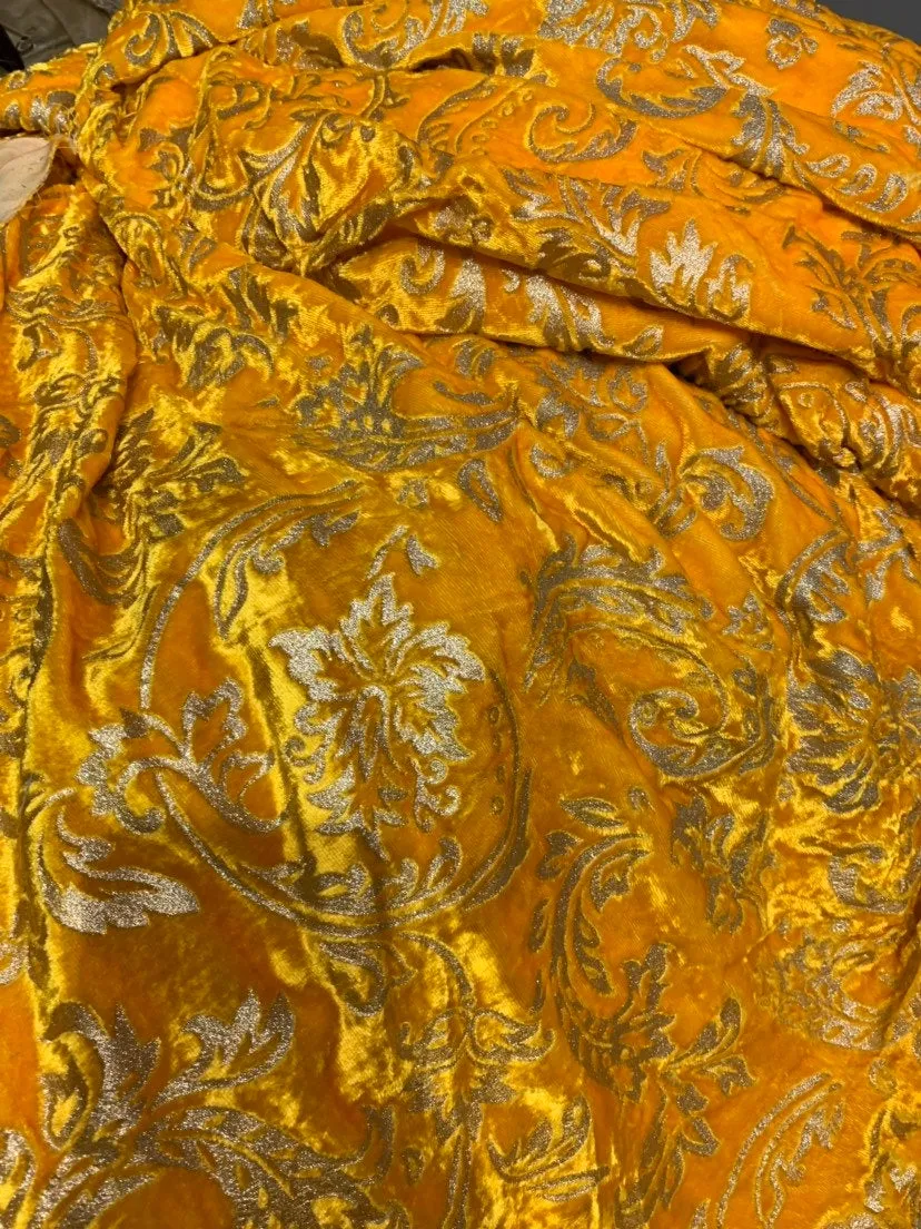 Velvet woth gold embossed damask syle design 45&quot; wide   Beautiful yellow gold color fancy velvet sold bubthe yard   best theatrical costumes