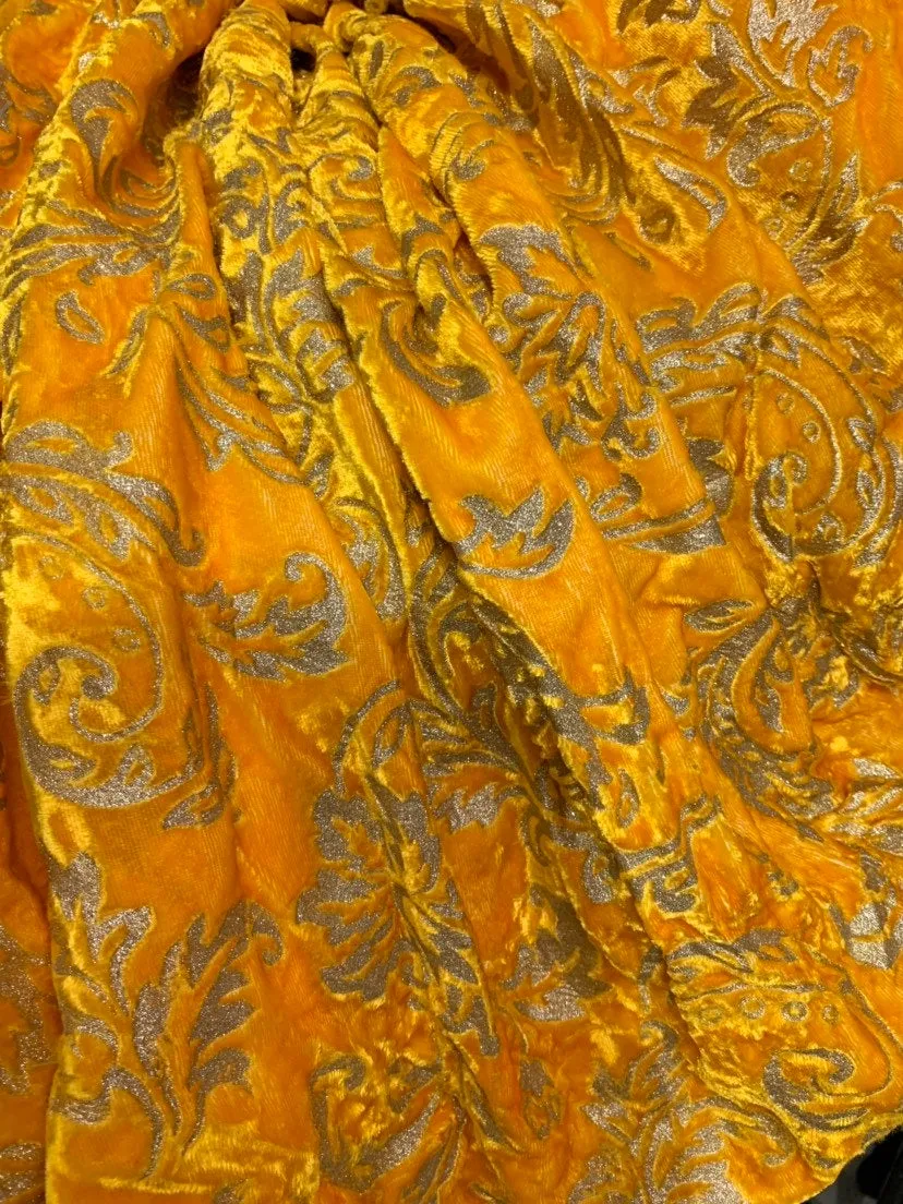 Velvet woth gold embossed damask syle design 45&quot; wide   Beautiful yellow gold color fancy velvet sold bubthe yard   best theatrical costumes