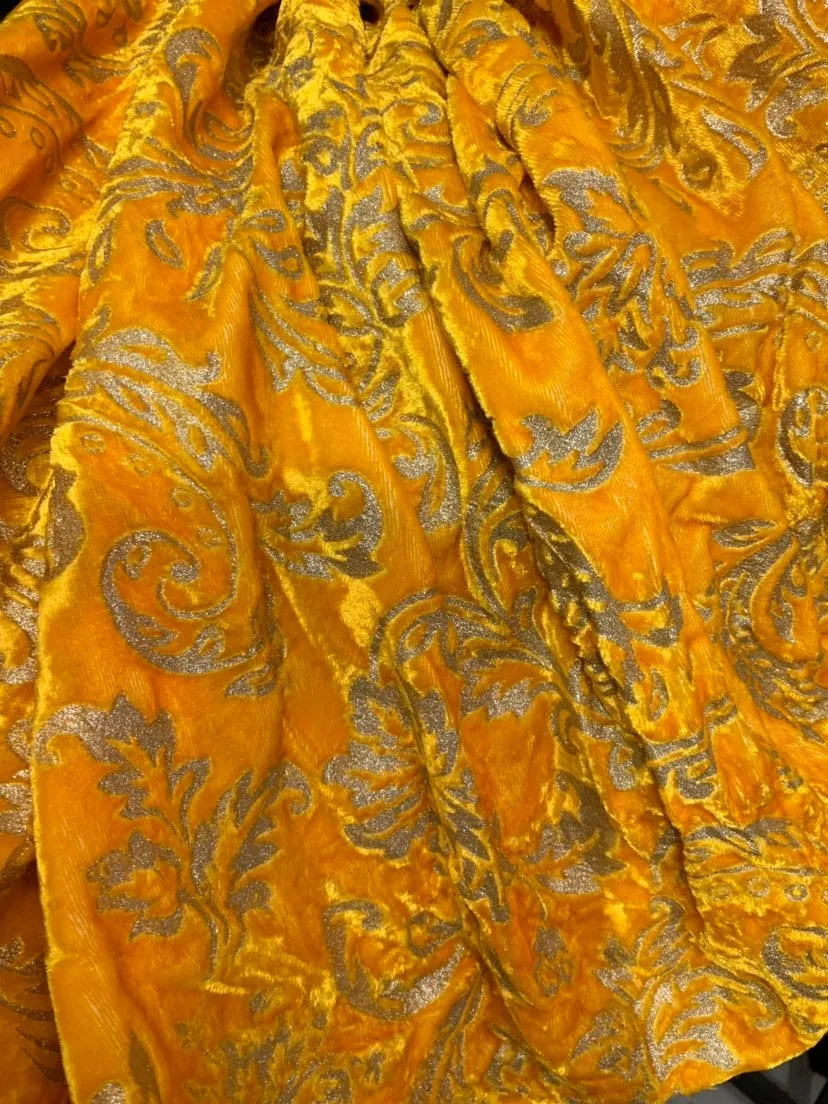 Velvet woth gold embossed damask syle design 45&quot; wide   Beautiful yellow gold color fancy velvet sold bubthe yard   best theatrical costumes