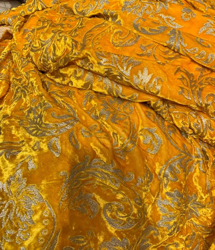 Velvet woth gold embossed damask syle design 45&quot; wide   Beautiful yellow gold color fancy velvet sold bubthe yard   best theatrical costumes