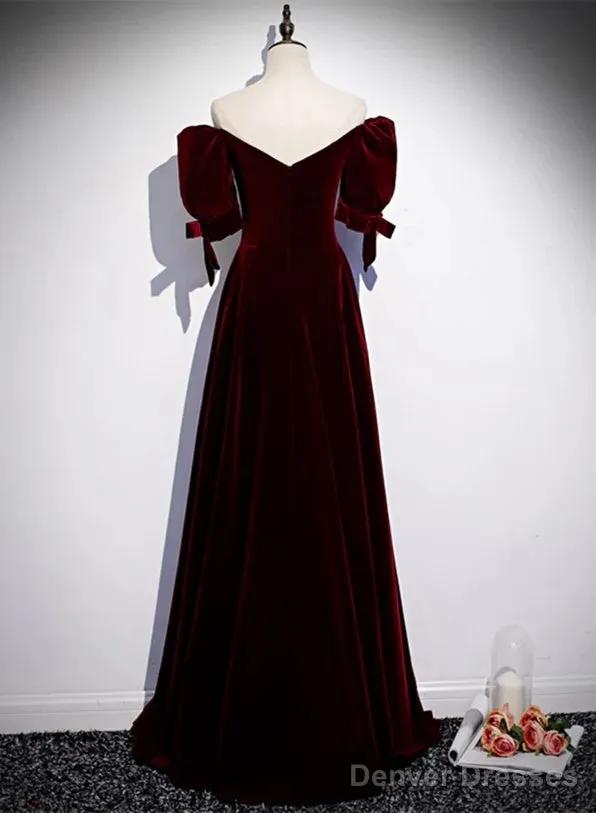 Wine Red Velvet A-Line Simple Party Dress, Wine Red Velvet Long Prom Dress