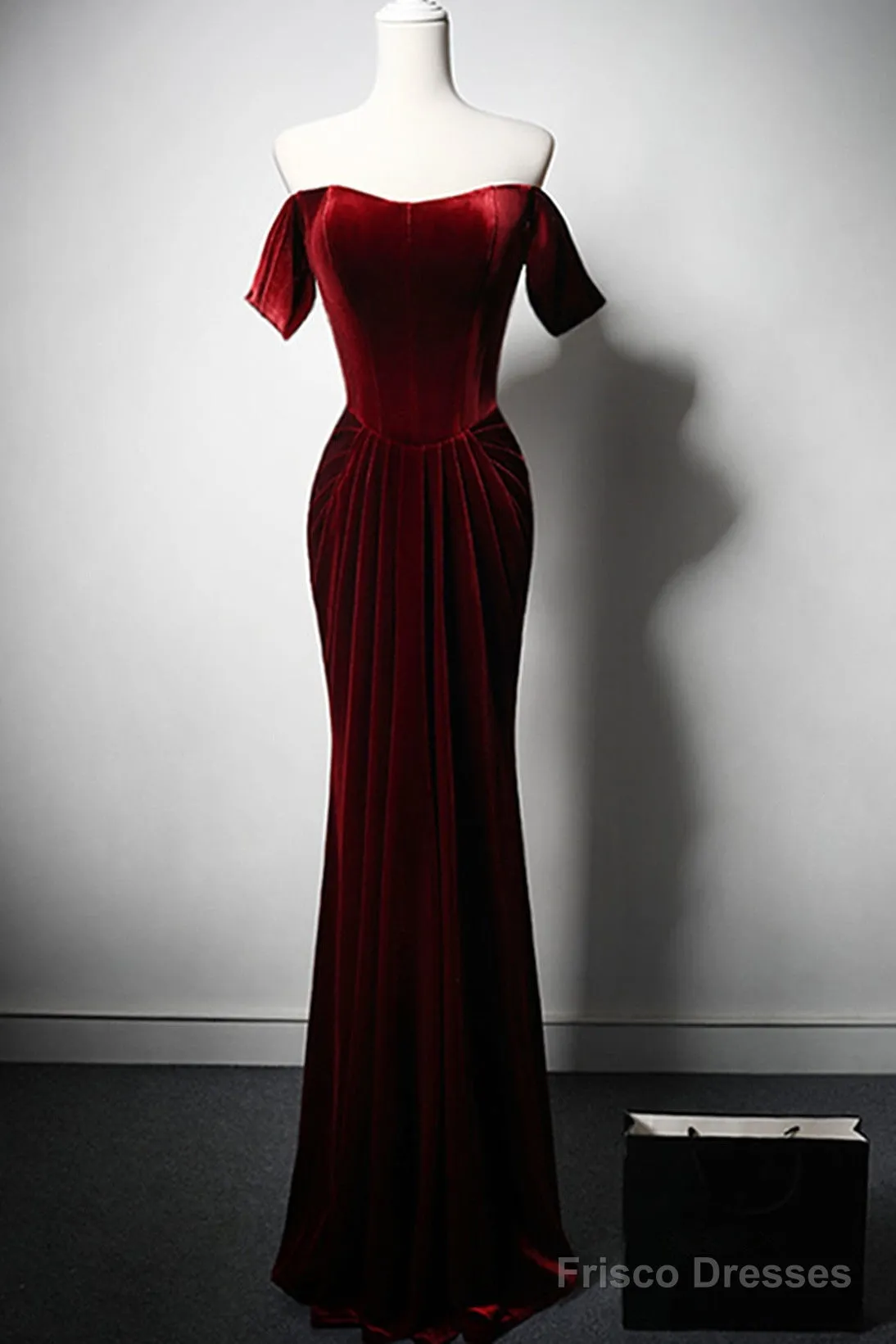 Wine Red Velvet Off Shoulder Long Mermaid Prom Dress, Wine Red Velvet Eveing Dress