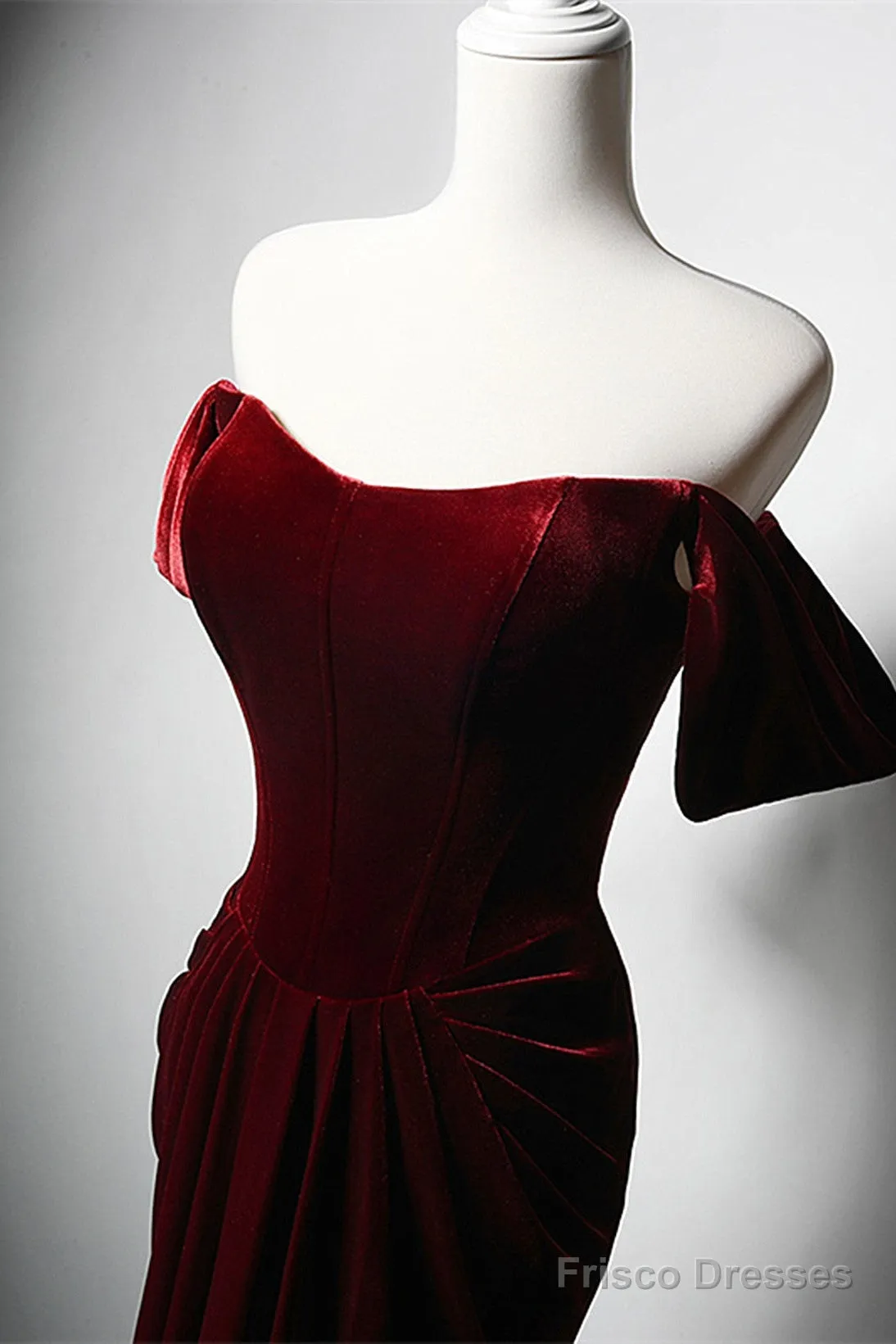 Wine Red Velvet Off Shoulder Long Mermaid Prom Dress, Wine Red Velvet Eveing Dress